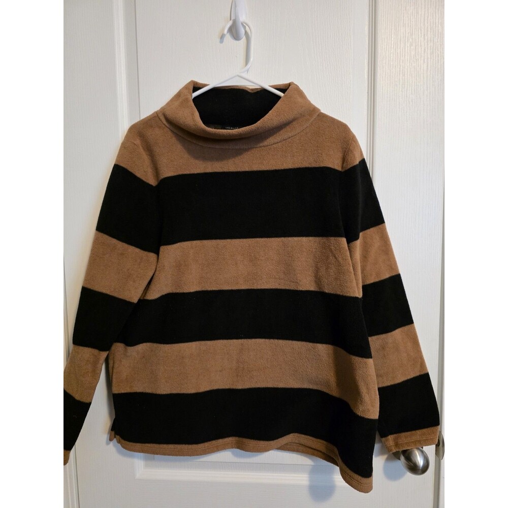 Talbots Microfleece Funnel Neck Black/Brown Stripe pullover top sz XL.  (257)
